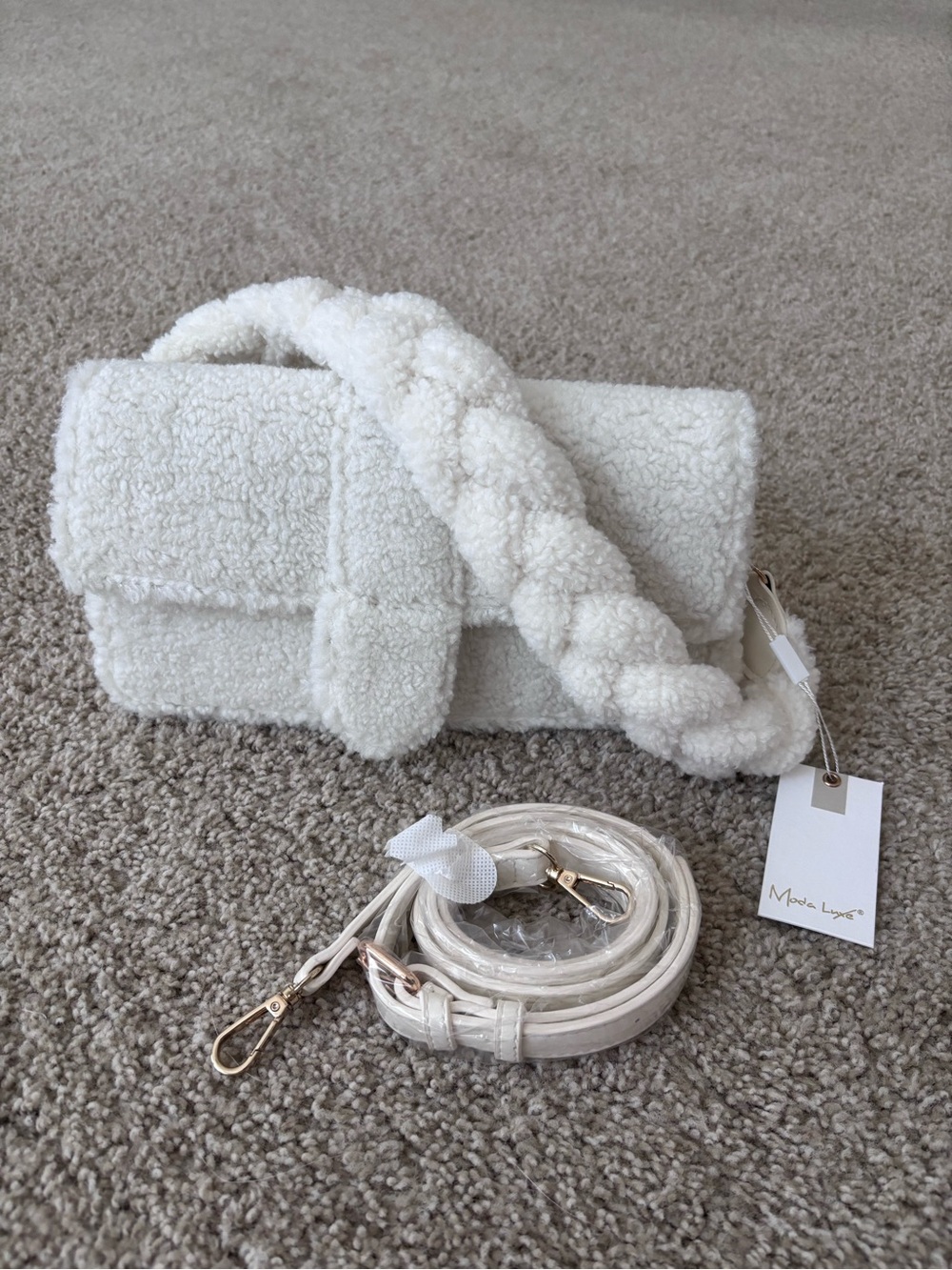 NEW Moda Luxe White Sherpa Braided Strap Shoulder Bag
